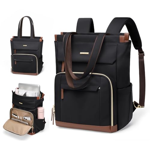 Convertible Daypack Laptop Backpack for Women Men Carry on Tote Backpack Bookbag for College Work Nurse Travel,16Inch,Black - color: Black Brown