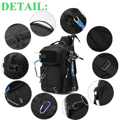 Fishing Backpack - Tackle Sling Bag- Fishing Gear Bags with Rod Holder and Fish Plier (Black) - color: Black