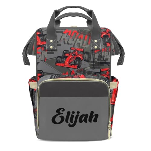 Custom Diaper Bag with Name, Personalized School Bag for Boys Red Car Pattern, Monogram Nappy Backpack with Thermal Pockets for Adults, Large Capacity Waterproof Diaper Bag, Travel Gifts - color: Red Car