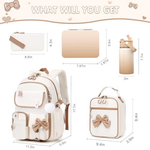 ACESAK 5PCS Backpack for Girls with Bento Box & 14oz Insulated Water Bottle - Cute School Girls Backpacks for Elementary Preschool Middle with Lunch Bag & Pencial Case, Back To School (Beige khaki) - color: Khaki