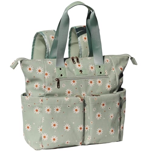 ESVAN Diaper Tote Bag Totepack Backpack 2 in 1 for Women Multifunctional Large Capacity with Insulated Pockets Travel | Multifunctional - color: Corduroy Matcha Daisy
