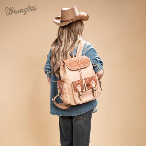 Montana West Wrangler Backpack Purse for Women Men Western Backpack Floral Tooled Travel Bags - color: Carve Tan