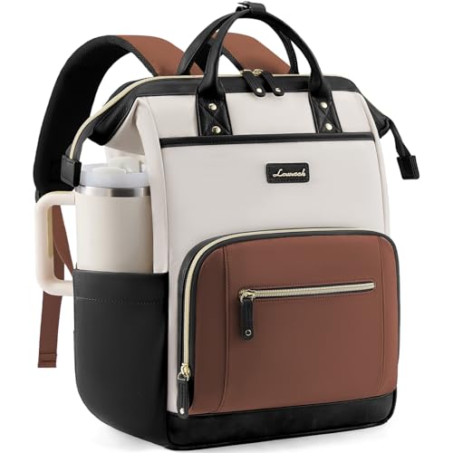 LOVEVOOK Laptop Backpack for Women with Giant Tumbler Holder,17 inch Professional Nurse Teacher Backpack Computer Laptop Bag,Cute Waterproof Travel Backpack Purse Work College Bag, Beige-Black-Brown - color: Beige-black-brown, size: 17 Inch