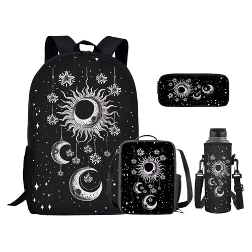 Kids Backpacks Set Black Gothic Moon Sun Backpack for Girls Insulated Lunch Bag with Carrying Straps Trendy Pencil Case for Pen Erasers Resuable Water Bottle Holder with Strap Nice Gifts - color: Black Gothic Moon Sun