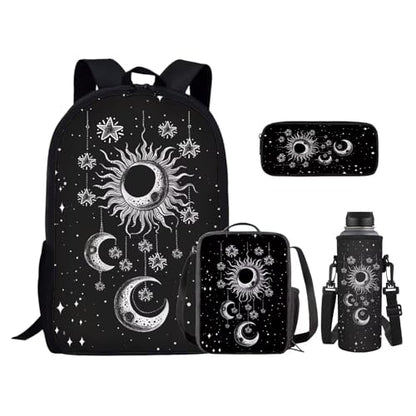 Kids Backpacks Set Black Gothic Moon Sun Backpack for Girls Insulated Lunch Bag with Carrying Straps Trendy Pencil Case for Pen Erasers Resuable Water Bottle Holder with Strap Nice Gifts - color: Black Gothic Moon Sun