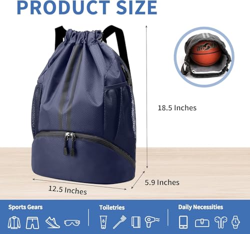 Drawstring Backpack Gym Bag with Shoe Compartment - Ideal for Basketball, Swimming, Beach Activities, Unisex - color: Navy Blue