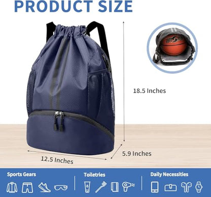 Drawstring Backpack Gym Bag with Shoe Compartment - Ideal for Basketball, Swimming, Beach Activities, Unisex - color: Royal Blue