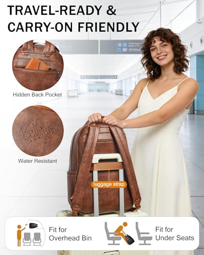 Bluome Work Backpack for Women Men, Laptop Vegan Leather Backpack Purse with 15.6–17 Inch Laptop, Multi-Pocket Bookbag for Office Travel Gym Weekend Overnight Bag, Brown - color: Brown
