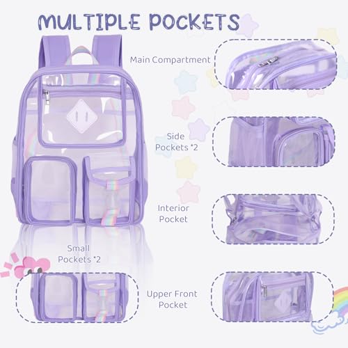 Clear Backpack for Stadium Events, Large Heavy Duty PVC Transparent Backpacks for Girls Women, See Through Backpack for School, Purple