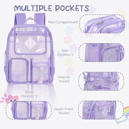 Clear Backpack for Stadium Events, Large Heavy Duty PVC Transparent Backpacks for Girls Women, See Through Backpack for School, Purple