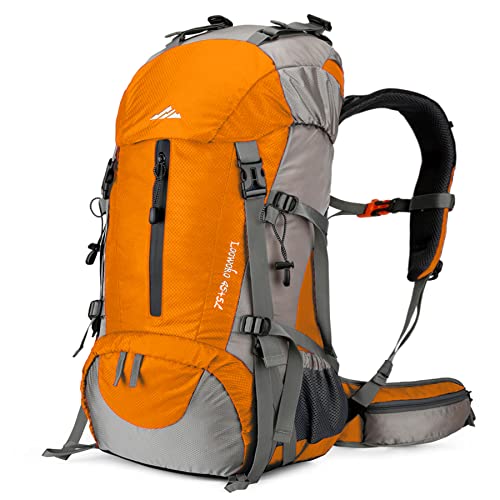 Loowoko 50L Hiking Backpack, Waterproof Camping Essentials Bag with Rain Cover, 45+5 Liter Lightweight Backpacking Back Pack - color: Orange