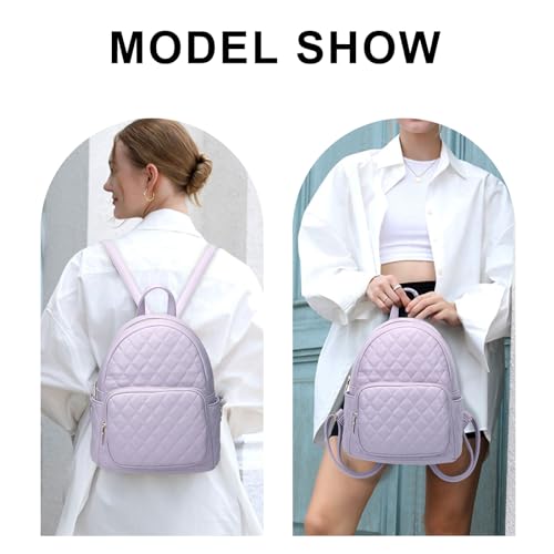 Quilted Small Backpack for Women PU Leather Casual Handbag Daypack Purse - color: Purple