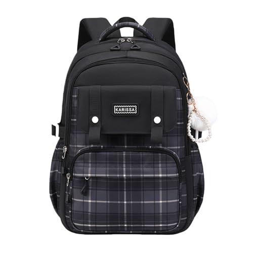 Cute Backpack for Girls, Large Capacity Kids Bookbag for Elementary Middle School Students Waterproof Kawaii Preppy Aesthetic Plaid Backpack Age 4-16 with Cute Accessories (Black) - color: Black