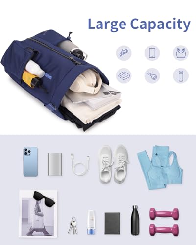 WANDF Drawstring Backpack Sports Gym Bag with Shoes Compartment, Water-Resistant String Beach Sackpack Swim Bag for Women and Men (Navy Blue) - color: Navy Blue
