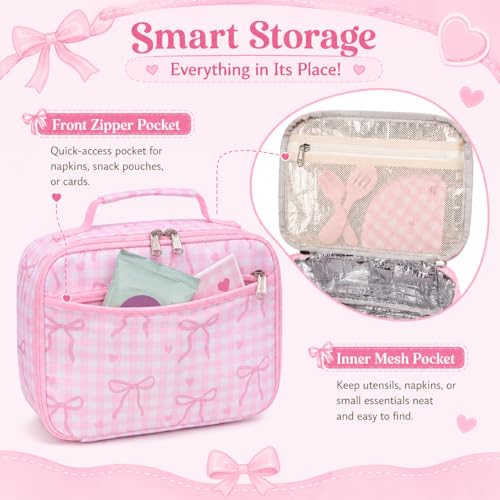 LEDAOU Lunch Box Kids Insulated Lunch Bag Girls Boys Toddler Reusable Lunchbox for School Picnic Hiking (Checkered-Pink Bow) - color: Checkered-Pink Bow