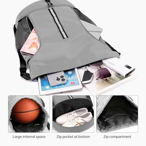 Sport Gym Bag Drawstring Backpack Beach Bag for Men Women with Shoe Compartment and Reflective Strips (Grey) - color: Grey