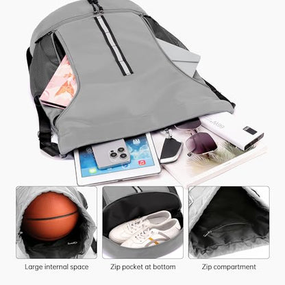 Sport Gym Bag Drawstring Backpack Beach Bag for Men Women with Shoe Compartment and Reflective Strips (Grey) - color: Grey