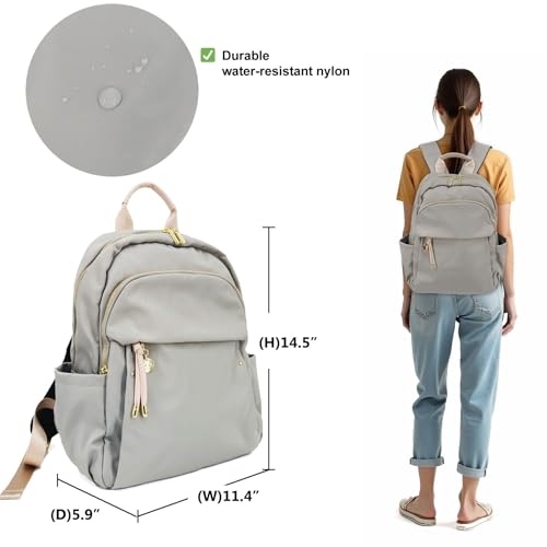 M-ioi-M Medium Backpack Purse for Women, Fashion Nylon Daypack with Gold Hardware, Lightweight Water-Resistant Rucksack for College, Work, Travel, Everyday Use, Fits 13–14" Laptop (Gray Beige, Medium) - color: Gray Beige,medium