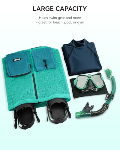 WANDF Swim Bag for Swimmers, Mesh Beach Backpack - color: Turquoise With 2 Front Pockets, size: Large