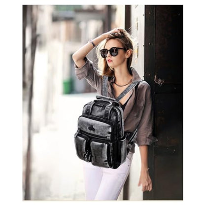 Angel Kiss Backpack Purse for Women Soft Washed Leather Multi Pocket Casual Travel Backpacks… - color: Retro-black