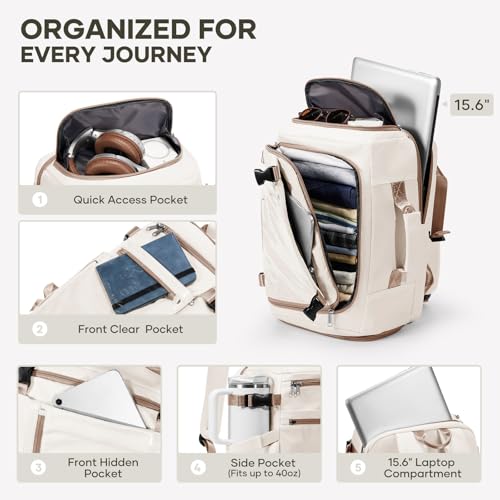 coofay Travel Backpack for Women Men, Carry on Backpack for Airplanes - color: Beige With Brown