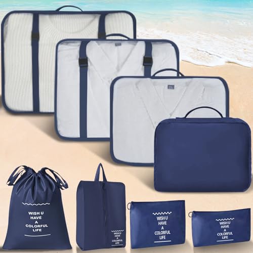 8 Set Packing Cubes For Travel-Travel Essential Carry On Luggage Organizer,Bring Laundry Bag, Shoe Bag, Clothing And Underwear Bag (Nevy Blue) - color: Nevy Blue