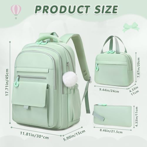 GeeWin Backpacks for Girls, Girls Backpack with Lunch Box & Pencil Case Set, 17 Inch Waterproof Girl Bookbag with Lots of Pockets for Kids, Teens, Elementary Middle High College School Student(Green) - color: Green