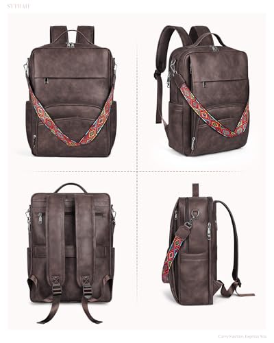 SYTRAH Leather Laptop Backpack, 15.6 Inch Business Computer Bag, Designer College Backpack Travel Backpack with Colorful Shoulder Bag Strap Dark Coffee - color: Dark Coffee