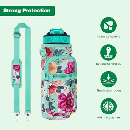 Water Bottle Holder with Strap, Insulated Crossbody Sling Bag, Carrier with Phone Pocket for Walking Hiking Camping Fishing - color: Flower Green 04, size: 32oz Long