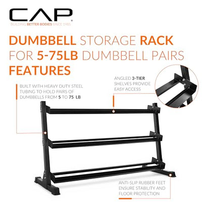 CAP 2-Tier & 3-Tier Dumbbell Rack for Home Gym, Heavy-Duty Steel Weight Storage Rack for Hex Dumbbells, Holds 5-35lb 5-50lb 5-75lb Dumbbell Pairs, Multiple Sizes & Capacities - style: 3-Tier for 5-75LB