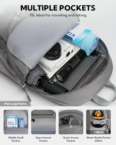 WATERFLY Small Lightweight Packable Backpack: 15L Mini Ultra Light Foldable Travel Daypack with Breathable Shoulder Strap Outdoor Hiking Camping Day Pack for Women Men Gray - color: Grey