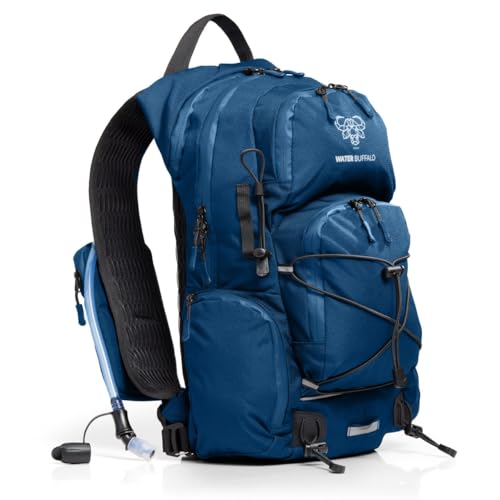 Water Buffalo Hydration Backpack - Sherpa 22L Hiking Backpack with Water Bladder - Water Backpack for Hiking with Waterproof Zippers, Phone & Pole Holders - color: Navy Blue