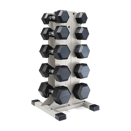 CAP Dumbbell Set with Rack, Rubber Coated Hex Free Weight Set | 100–300 lb Options, Vertical Space-Saving Storage for Home Gym Strength Training - size: 200 lb Set - Light Gray Rack, style: Chrome Handle