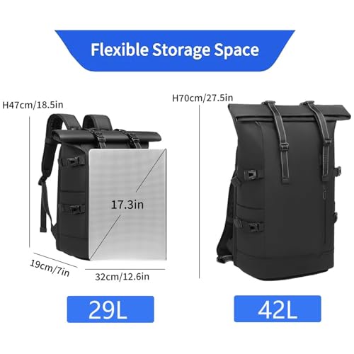 Travel Roll Top Backpack with Shoe Compartment, 17 inch Laptop Compatible, for Business, Hiking, Mountaineering, Large Capacity - color: Black Upgraded Version