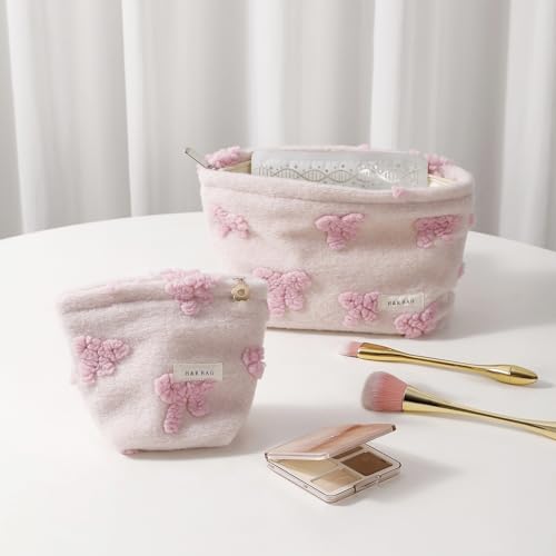 getgto 2 Pcs Makeup Bags, Large Cosmetic Bag Travel Toiletry Bag Organizer for Women, Plush Makeup Bag Small Cosmetic Pouch Purse with Zipper Gifts for Girls Teen - color: Girly pink