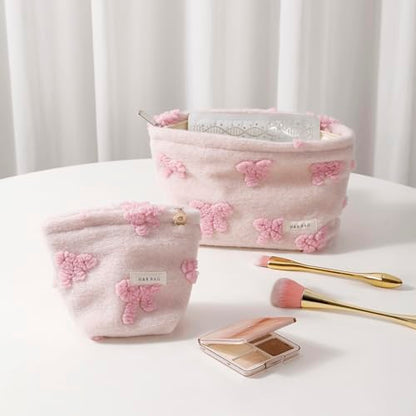 getgto 2 Pcs Makeup Bags, Large Cosmetic Bag Travel Toiletry Bag Organizer for Women, Plush Makeup Bag Small Cosmetic Pouch Purse with Zipper Gifts for Girls Teen - color: Girly pink