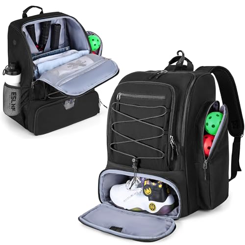 GOBUROS Pickleball Bags Backpack for Men and Women with Shoe Compartment - color: Black