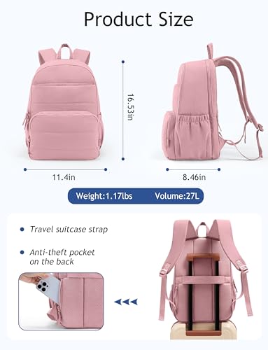 Uselike Travel Backpack for Women, 15.6 Inch Laptop Backpack, Quilted College Bookbag, Cute Work Backpacks, Water Resistant - color: Mauve Pink