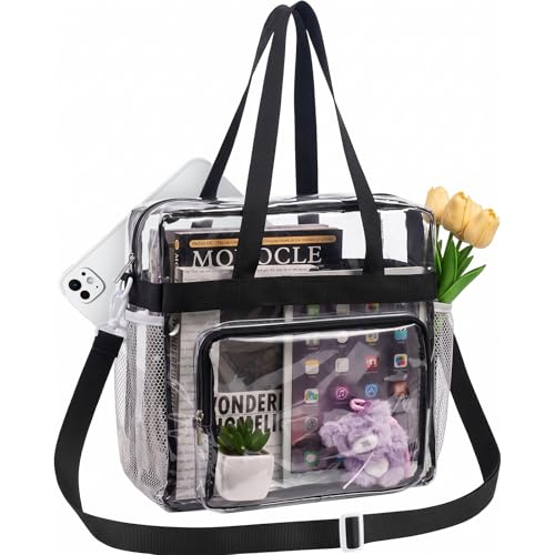 Clear Tote Bag for Stadium Events 12x6x12 inches, Triple-Pocket with Reinforced Strap, for Concert, Sport, Festival - color: Black