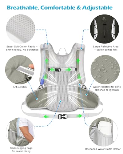 Hydration Backpack with 2L Water Bladder - Lightweight 15L Daypack with Phone-Sized Hip Belt Pockets, Anti-Chafe Cotton Edging & No-Bounce Straps - Small Water Backpack for Hiking, Running, Skiing - color: Light Grey