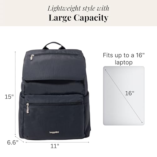 Baggallini Flap Laptop Backpack - 15"x11" Lightweight Work Travel Bag w/Luggage Sleeve & RFID - color: French Navy