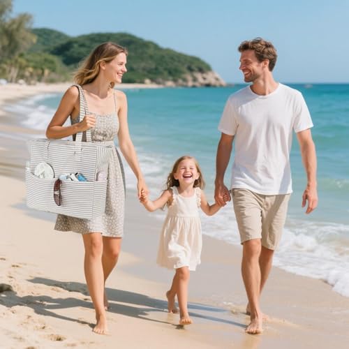 LEDAOU Beach Bag Waterproof Sandproof Women Beach Tote Pool Bag with Zipper for Swim Gym Grocery Travel with Wet Pocket | Sandproof - color: Khaki Stripe