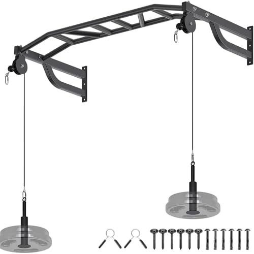 SELEWARE 48'' Heavy Duty Pull Up Bar Wall Mount Multi-function Chin up Bar with Home Gym Cable Pulley System LAT Pulldown Workout Attachments Heavy Bag Hanger - color: C. Black Pull Up Bar with Cable Pulley System