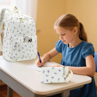 LEDAOU Backpack for Girls School Bag Kids Bookbag Teen Backpack Set Daypack with Lunch Bag and Pencil Case | Kids - color: Purple Bowtie -Beige