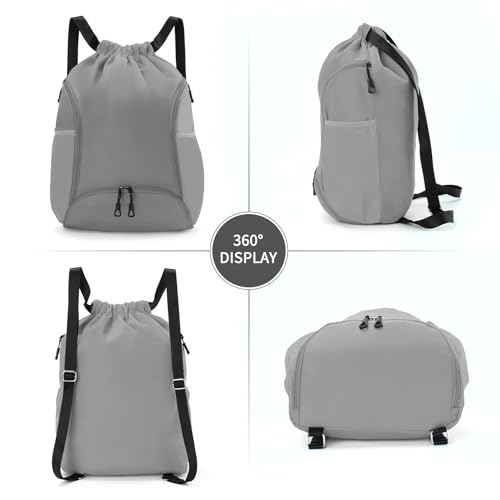 Valleycomfy Sports Gym Bag Drawstring Backpack with Shoes Basketball Bag and Two Water Bottle Holder,Grey - color: Grey