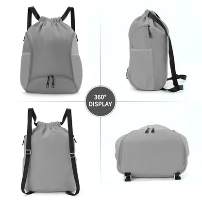 Valleycomfy Sports Gym Bag Drawstring Backpack with Shoes Basketball Bag and Two Water Bottle Holder,Grey - color: Grey