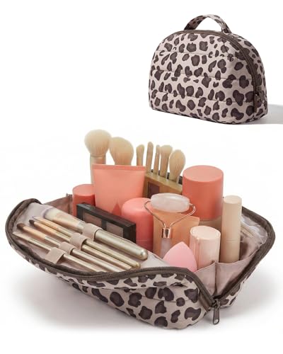 BAGSMART Travel Makeup Bag for Women, Portable Fold-down Cosmetic Case, Puffy Padded Make Up Organizer Pouch, Water-resistant Toiletry Bag for Toiletries, Brushes (Leopard Print) - color: Leopard Print