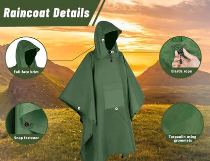 TOMSHOO Multifunctional Raincoat with Hood Hiking Cycling Rain Cover Lightweight Poncho Rain Coat Outdoor Camping Tent Mat - color: Green