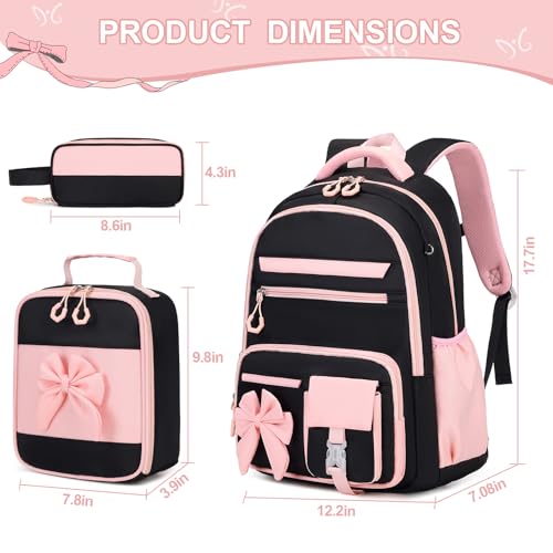 DIGOBAY Backpack for Girls, 3PCS Girls Backpack for School with Lunch Bag Pencil Case, Cute Kids Teens Bookbag for Kindergarten Elementary Preschool Middle School (Black-Pink) - color: Black-pink