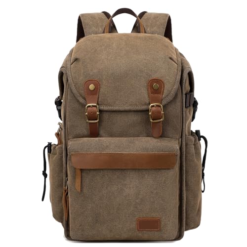 Vintage Canvas Camera Backpack (Coffee Brown) for DSLR/Mirrorless & Drone, Waterproof Photography Bag with 16" Laptop Compartment, Large Capacity Travel Camera Bag for Photographers - color: Coffee